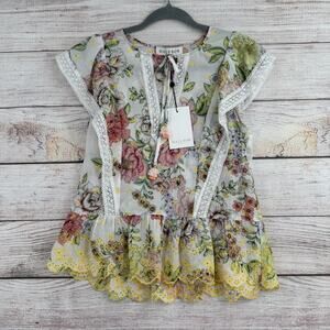 Hale Bob Los Angeles Floral Crochet Trim Keyhole Blouse Womens XS White Pink NEW